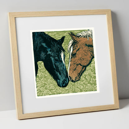 Gentle Greeting horse portrait art print in natural frame