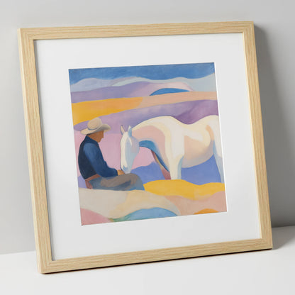 The Quiet Companion horse & rider art print in natural frame