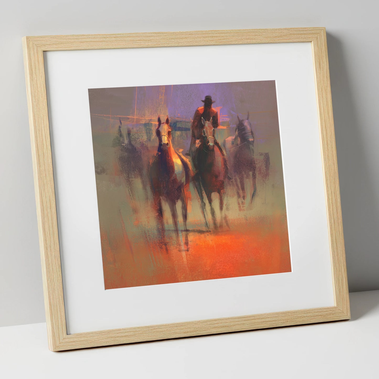 Through the Morning Dust racing horse art print in natural frame