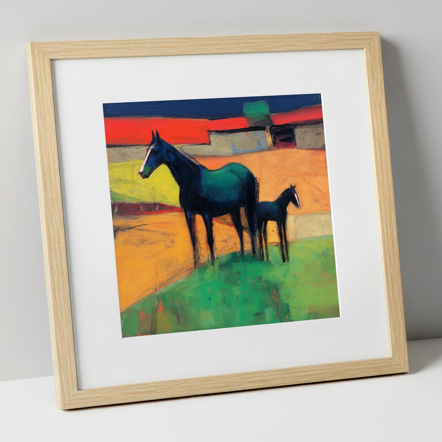 Midnight Sapphire Bond mare & foal art print in natural frame