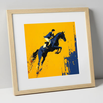 Airborne Over Gold show jumping horse art print in natural frame
