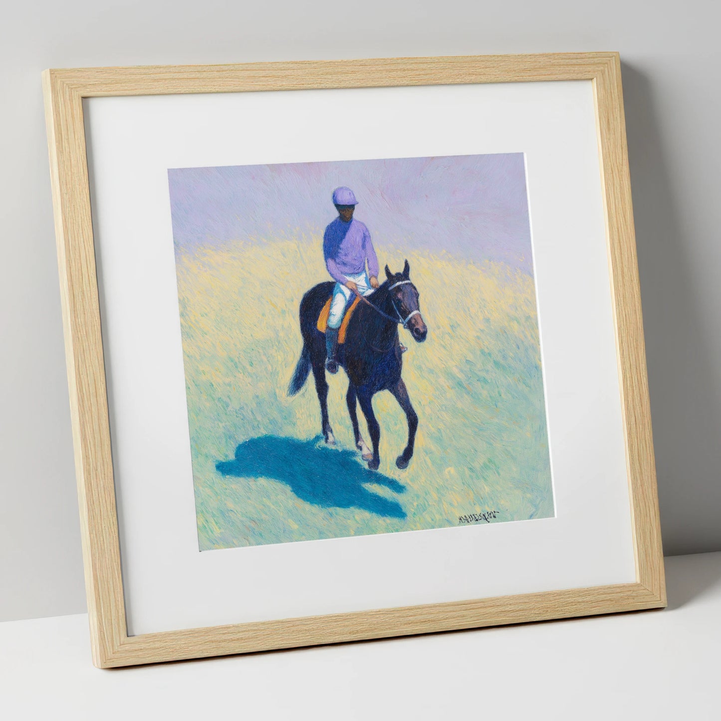 Morning on the Gallops racing horse art print in natural frame