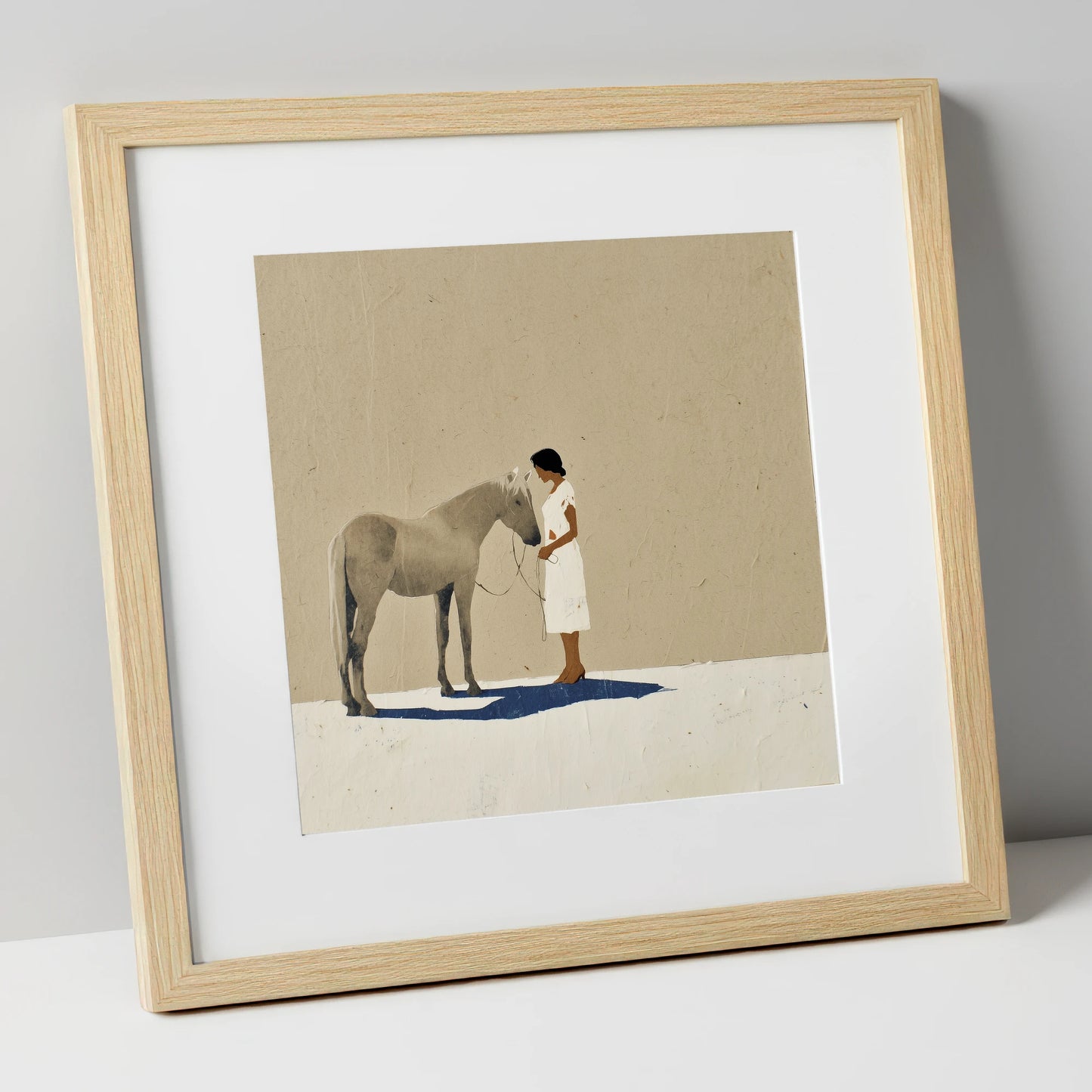 The Quiet Exchange horse & rider art print in natural frame