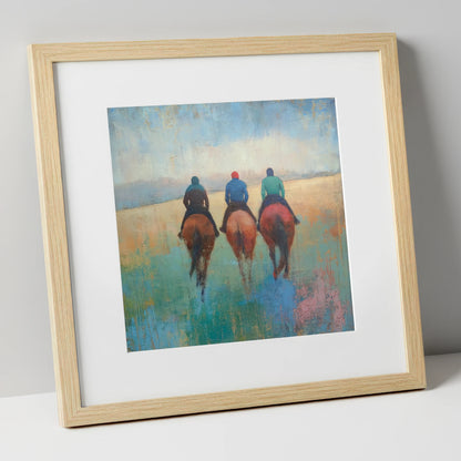 The Morning String racing horse art print in natural frame