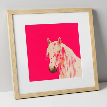 Modern Magenta Equine horse portrait art print in natural frame
