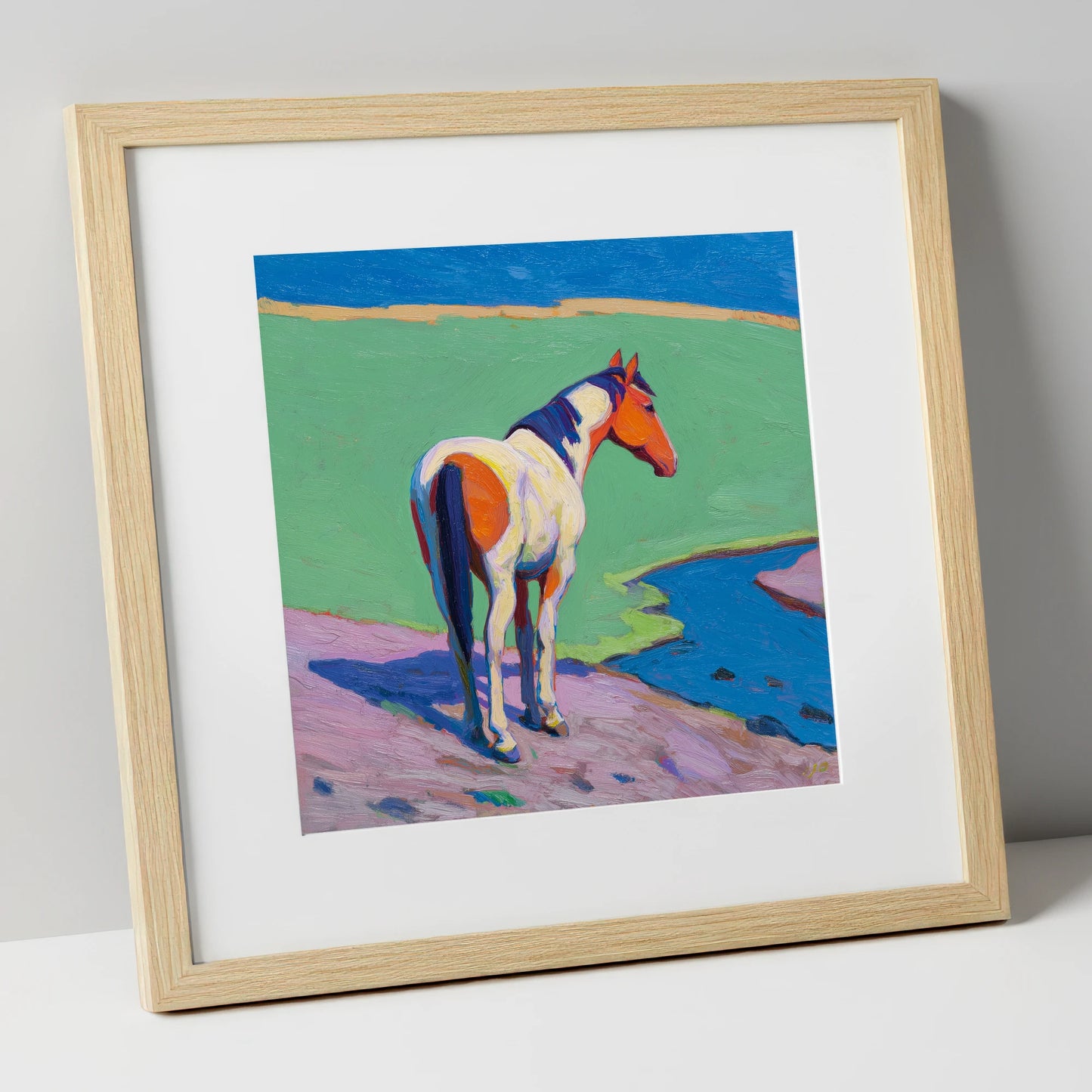 Vibrant Skewbald By The River horse breed art print in natural frame