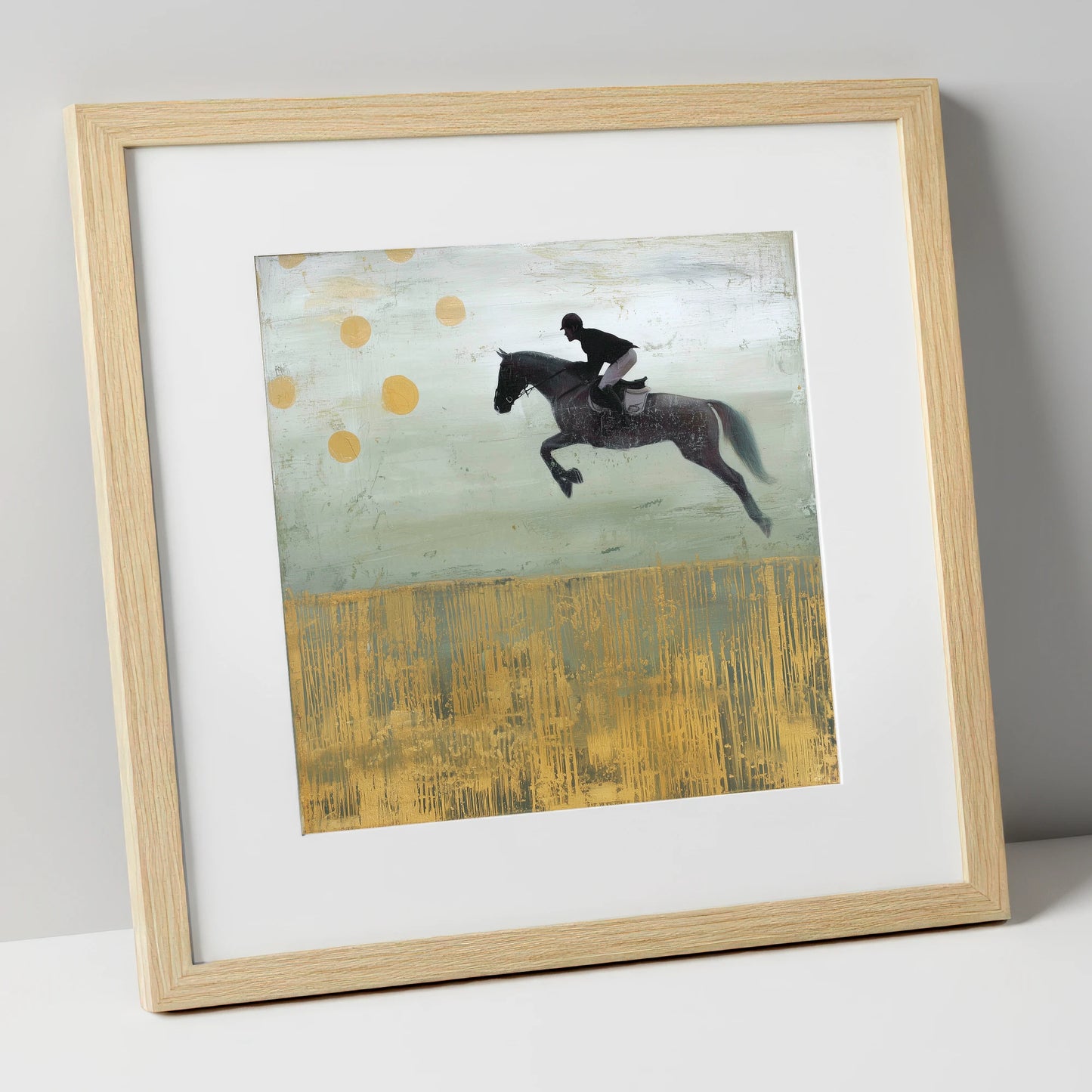 Gilded Flight show jumping horse art print in natural frame