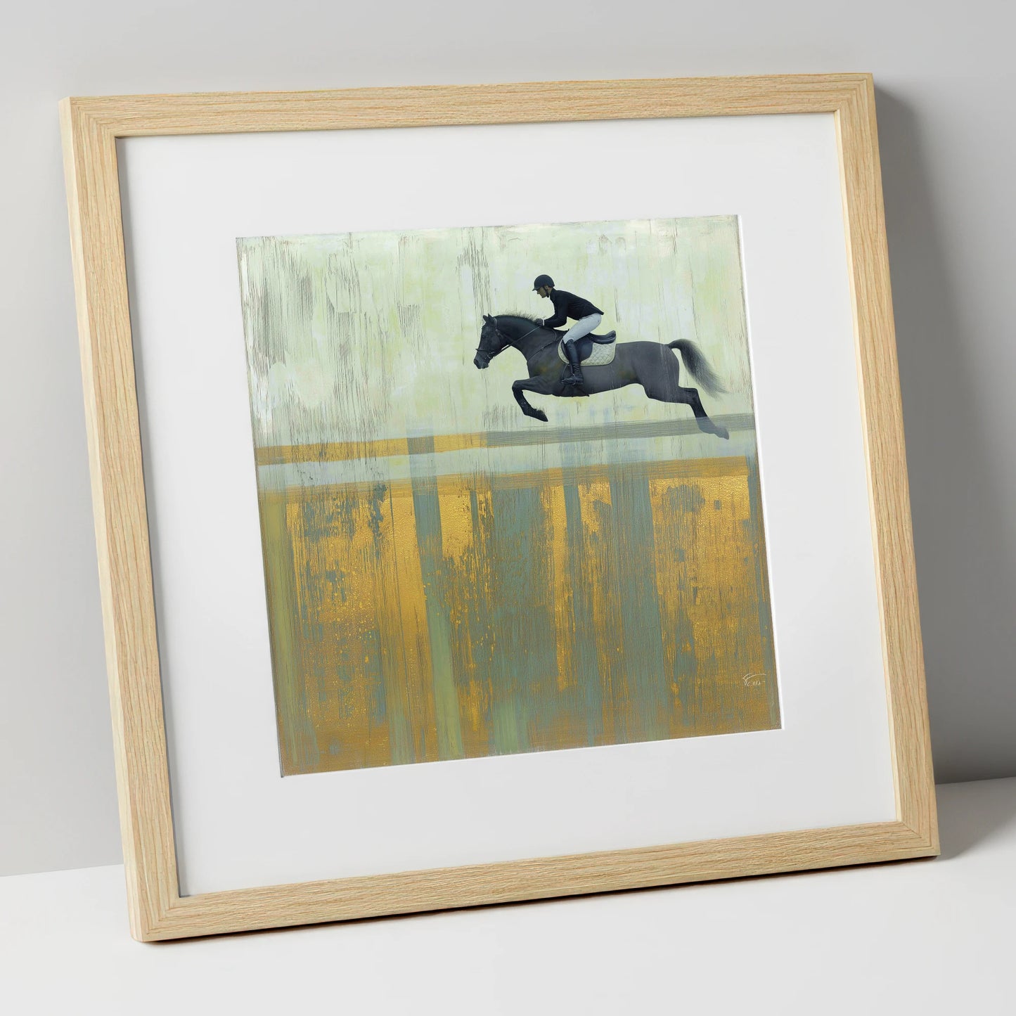 Flight Over Gold show jumping horse art print in natural frame