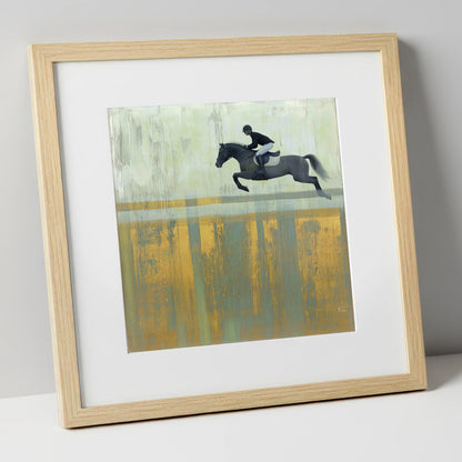 Flight Over Gold show jumping horse art print in natural frame
