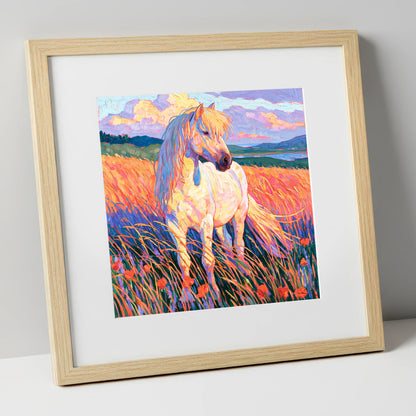 Palomino Pony In Vibrant Meadow horse breed art print in natural frame