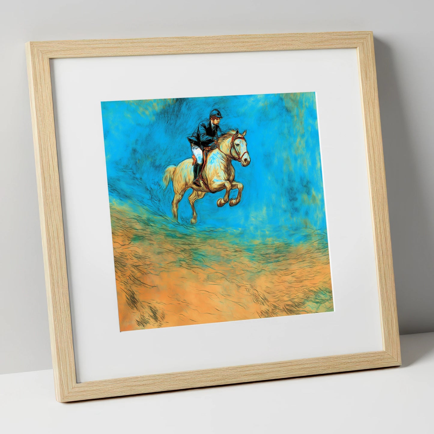 Flight in Cerulean show jumping horse art print in natural frame