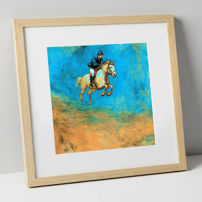 Flight in Cerulean show jumping horse art print in natural frame