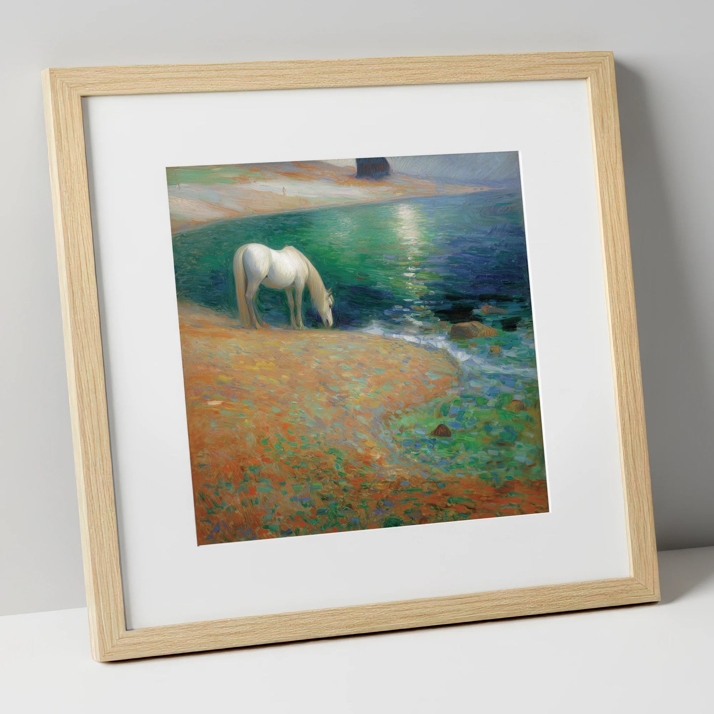 Luminous Coastal Shoreline horse landscape art print in natural frame