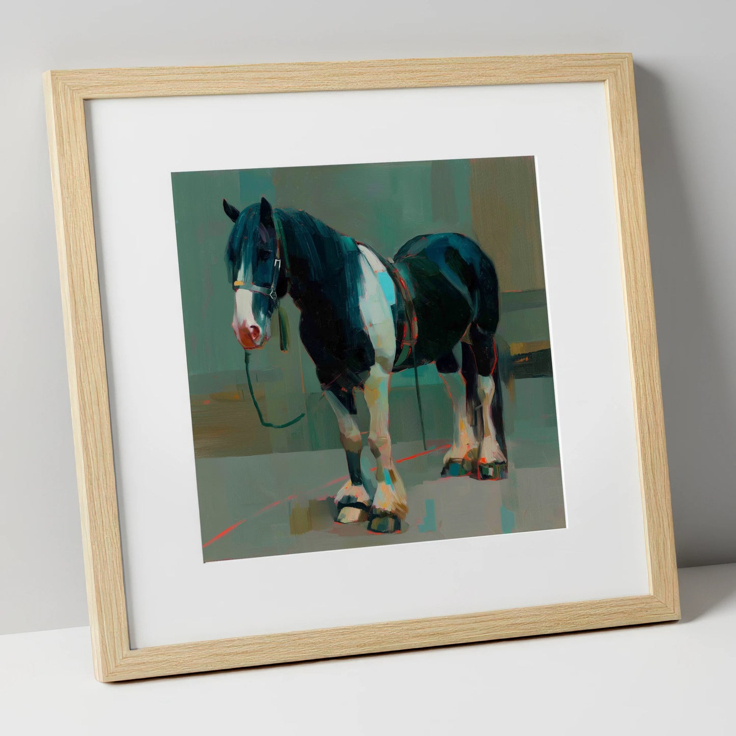 The Stoic Piebald horse breed art print in natural frame