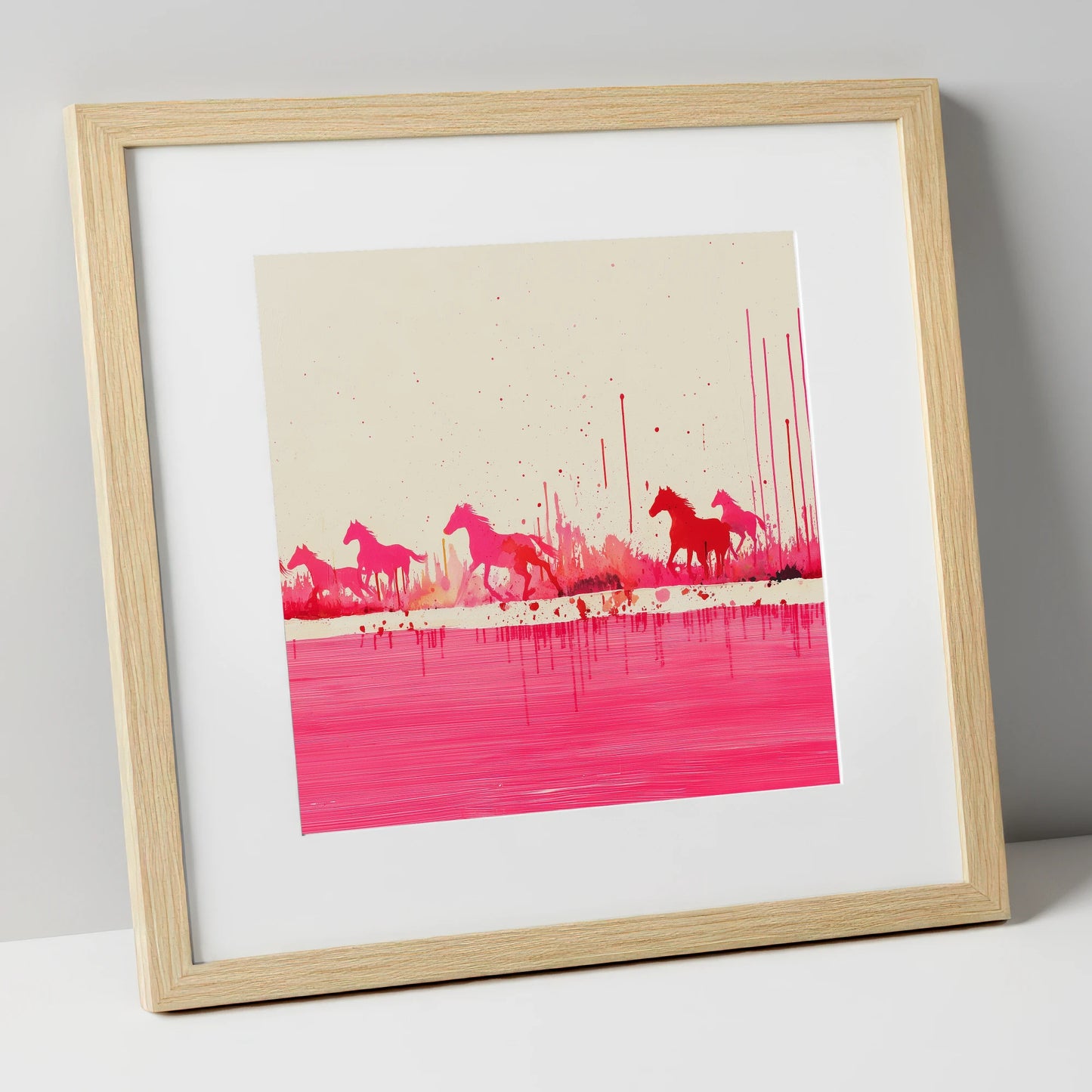Crimson Gallop wild horses art print in natural frame