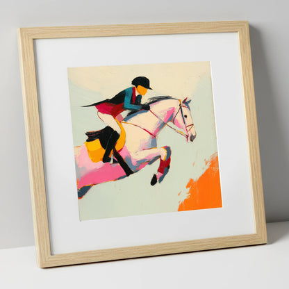 Technicolour Showjumper show jumping horse art print in natural frame