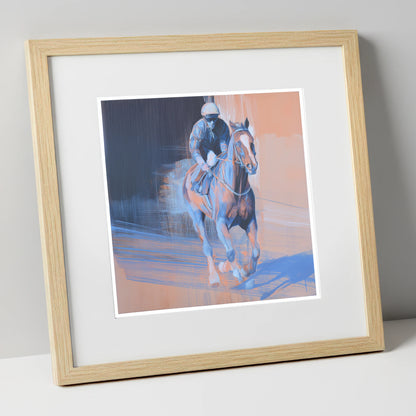 Shadows on the Track racing horse art print in natural frame