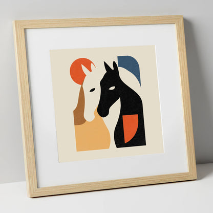 Modernist Equine Embrace horse portrait art print in natural frame