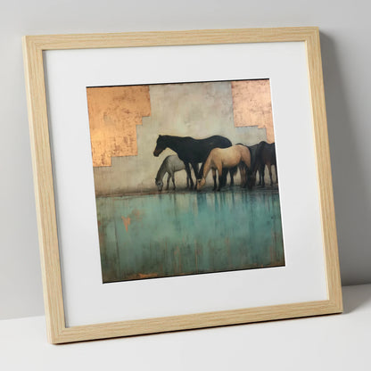 Gilded Equine Reflections wild horses art print in natural frame