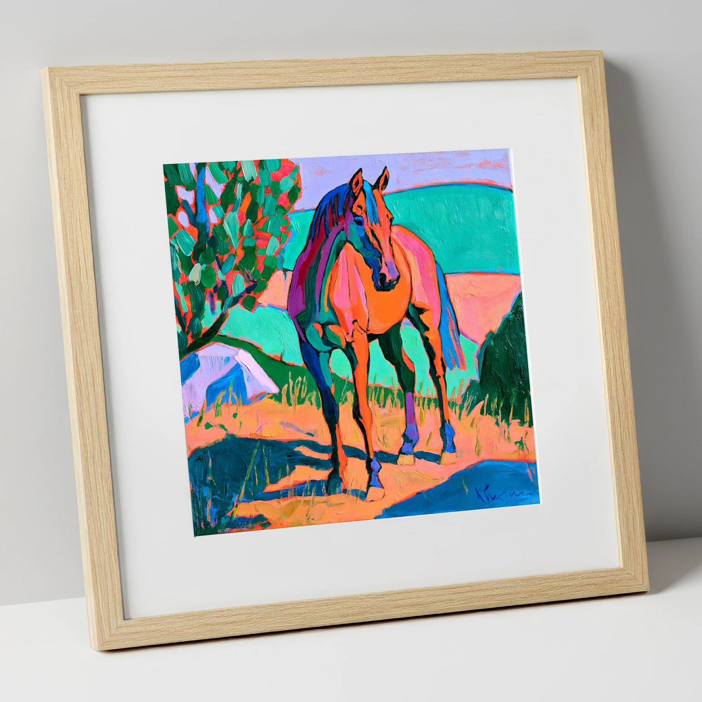 Vibrant Orange Standing Horse horse breed art print in natural frame