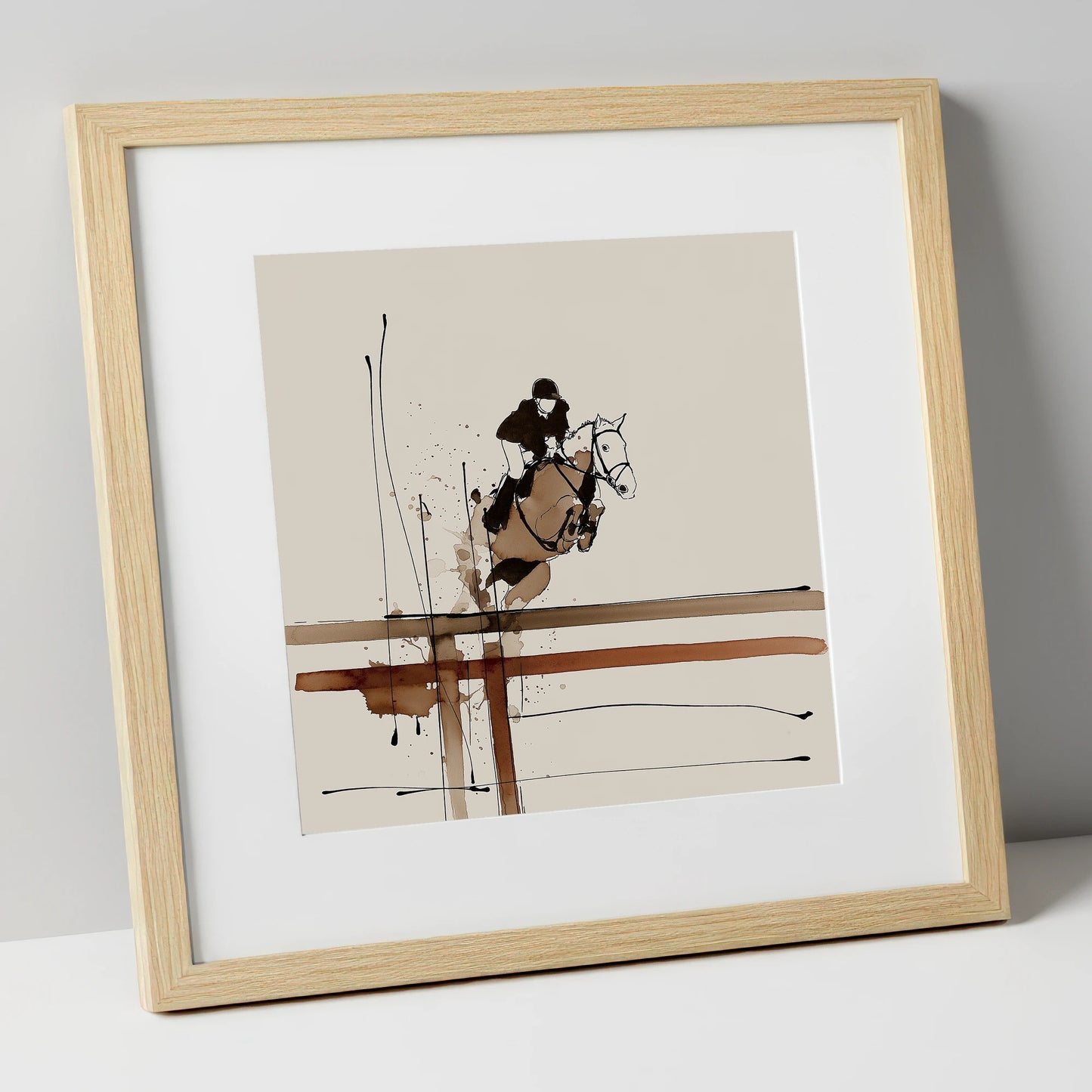 Fluidity of Flight show jumping horse art print in natural frame