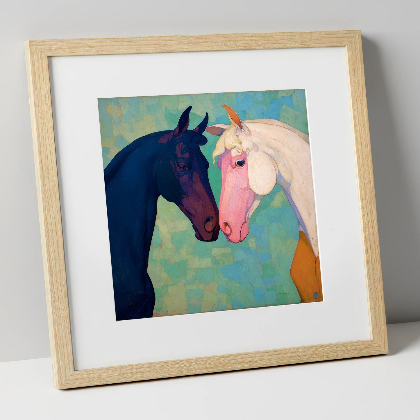 Sapphire and Rose horse portrait art print in natural frame