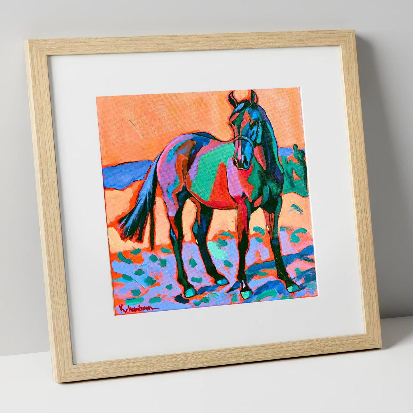 Vivid Turquoise And Purple Horse horse breed art print in natural frame