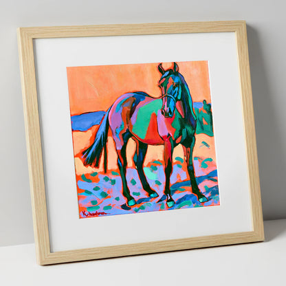 Vivid Turquoise And Purple Horse horse breed art print in natural frame