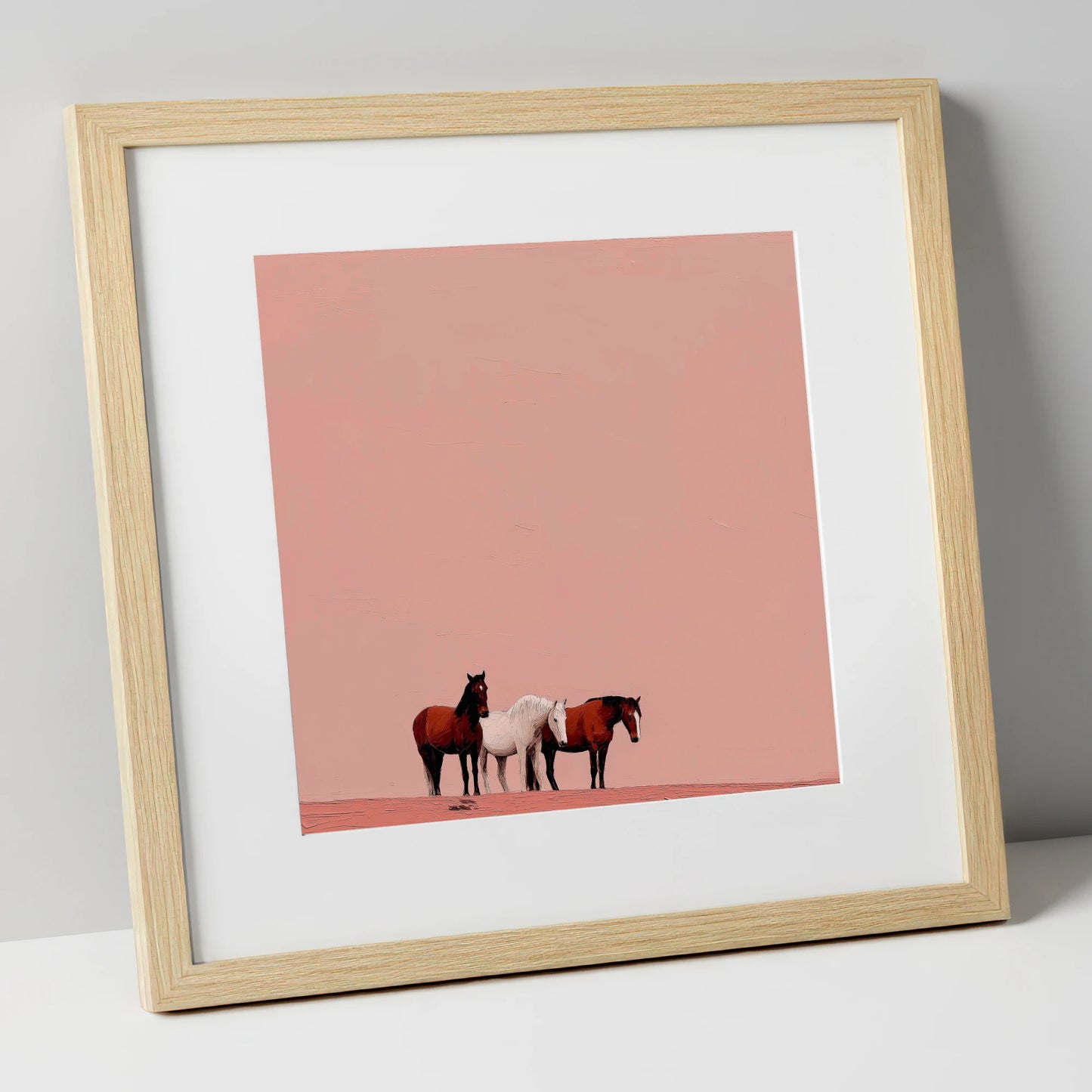 The Blush Horizon wild horses art print in natural frame