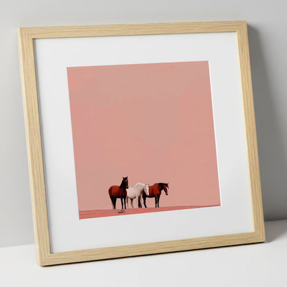 The Blush Horizon wild horses art print in natural frame