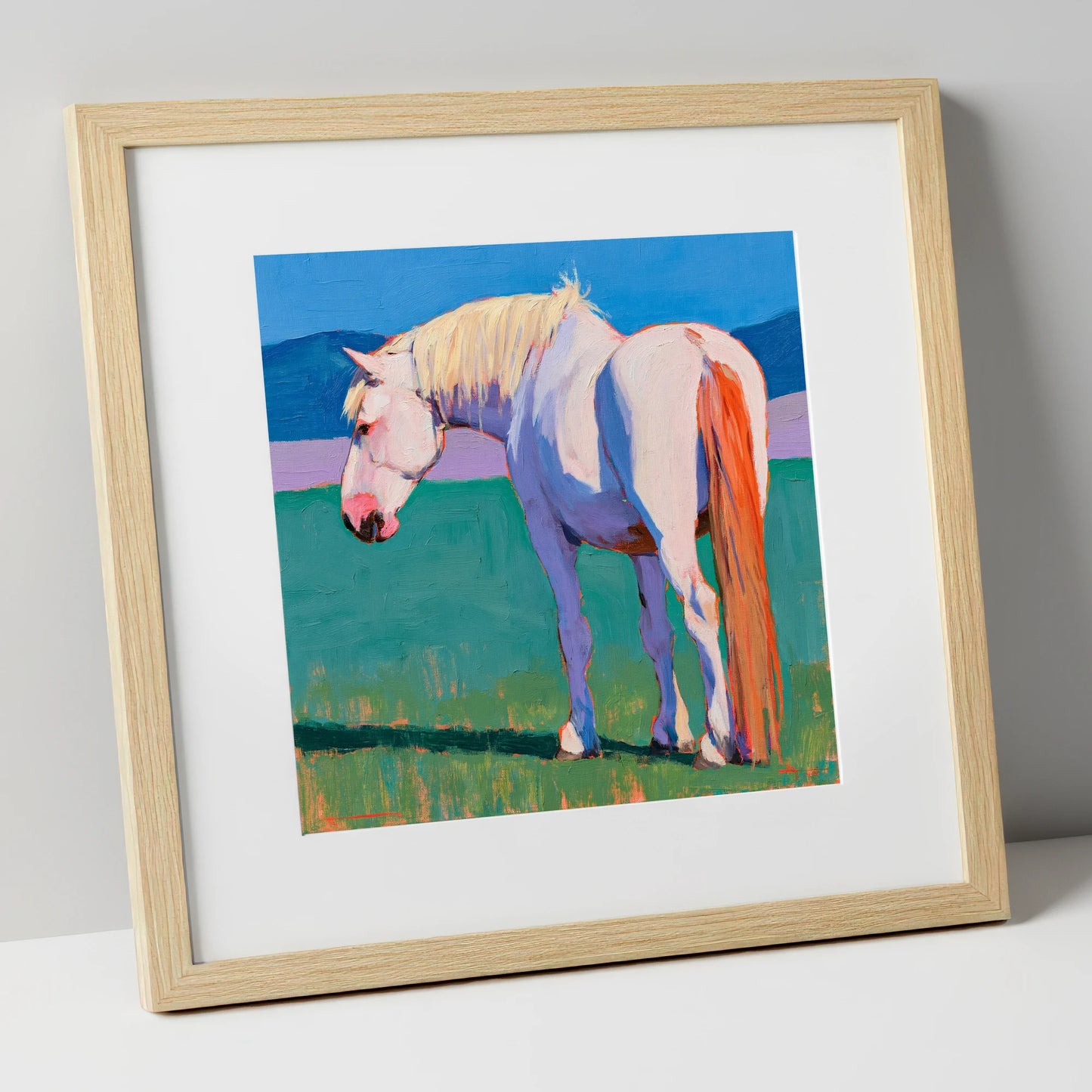 White Horse in Vibrant Light horse breed art print in natural frame