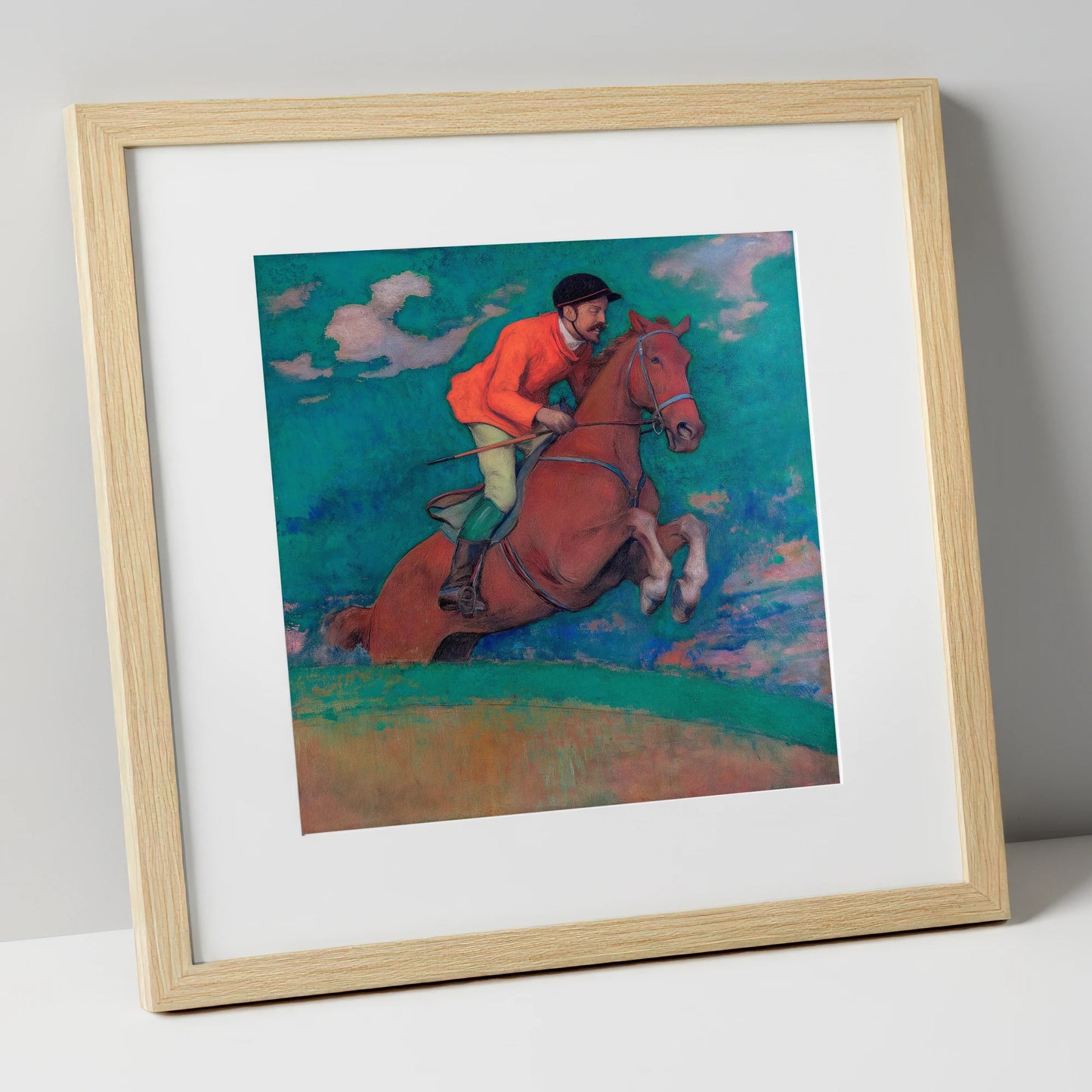 The Crimson Chase racing horse art print in natural frame