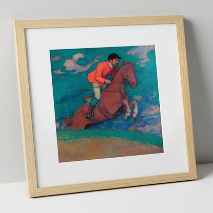 The Crimson Chase racing horse art print in natural frame