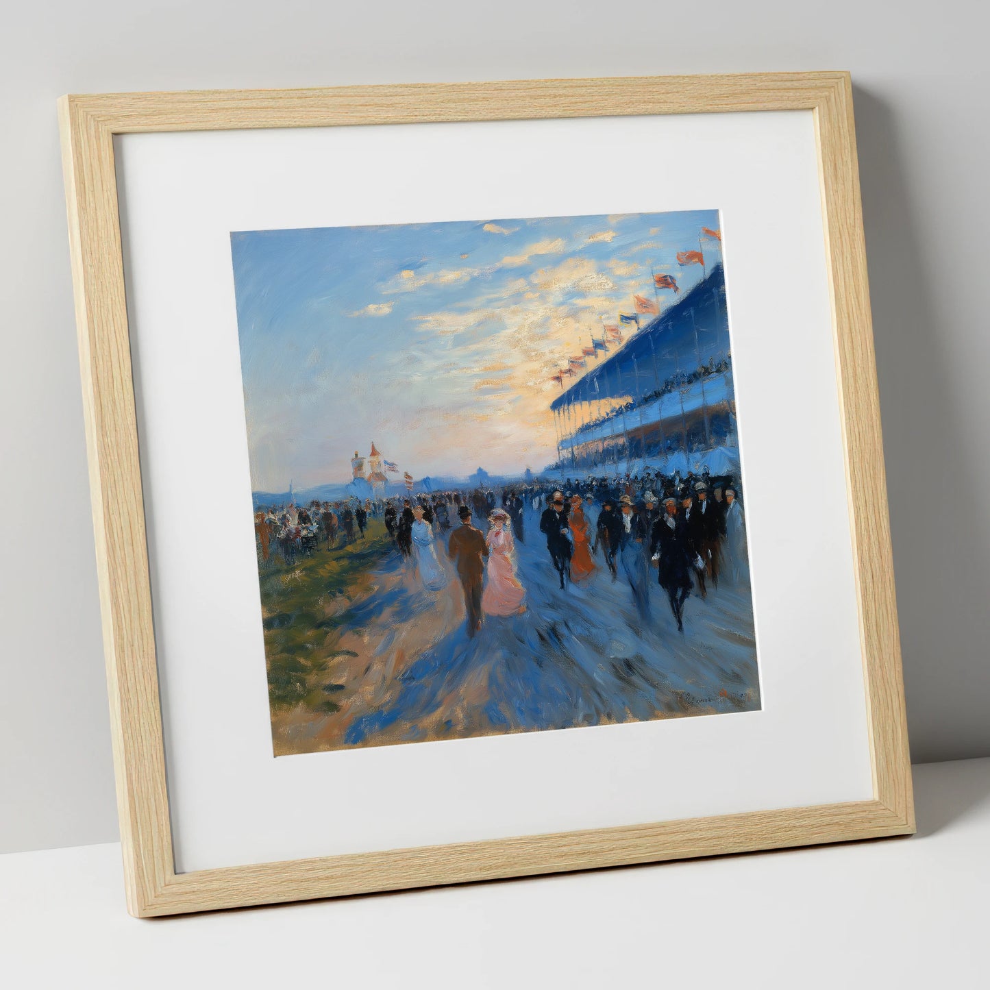 Evening at the Races racing horse art print in natural frame
