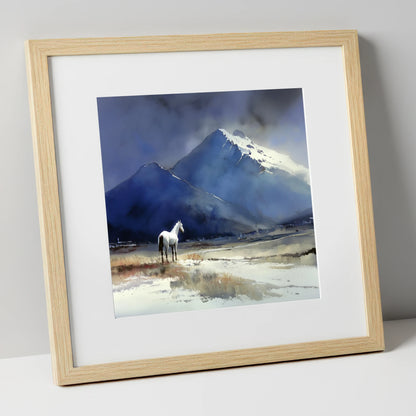Winter Alpine Solitude horse landscape art print in natural frame