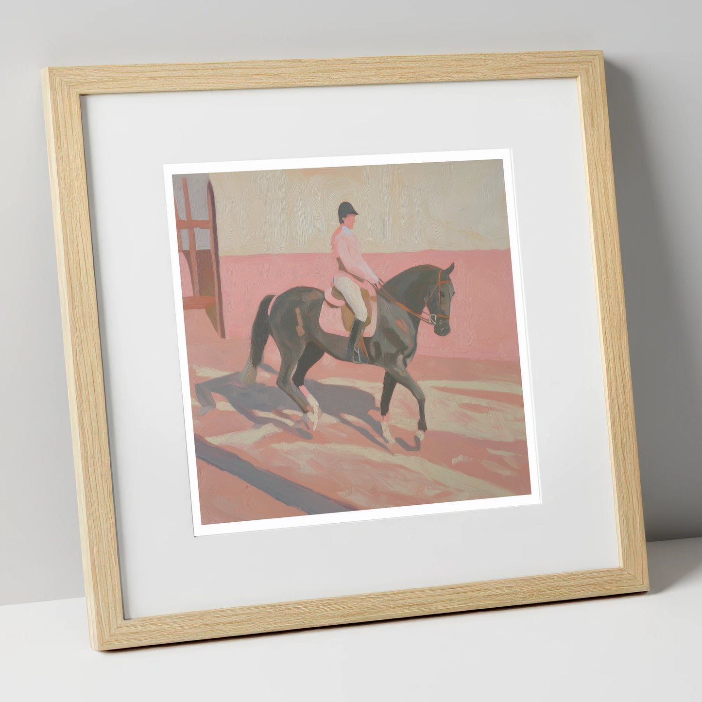 Dusty Pink Shadows dressage horse art print in natural frame