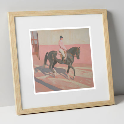 Dusty Pink Shadows dressage horse art print in natural frame