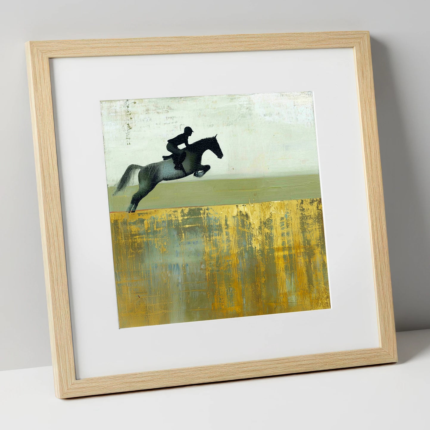 Golden Momentum show jumping horse art print in natural frame