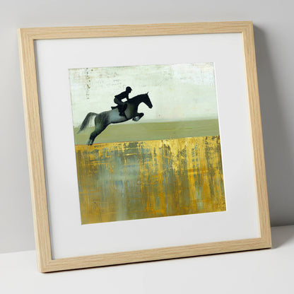 Golden Momentum show jumping horse art print in natural frame