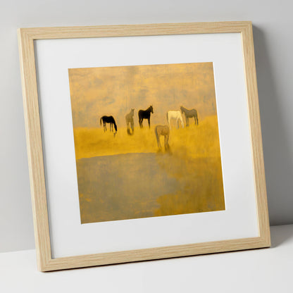 Golden Haze Grazing wild horses art print in natural frame