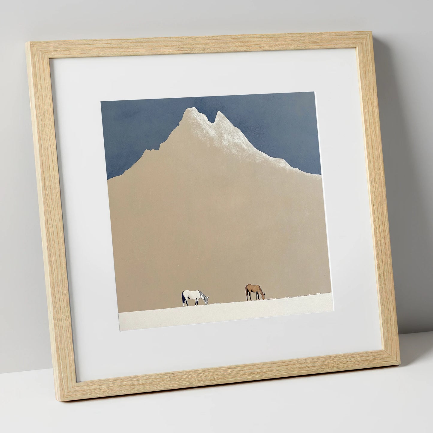 Beneath the Golden Peak horse landscape art print in natural frame