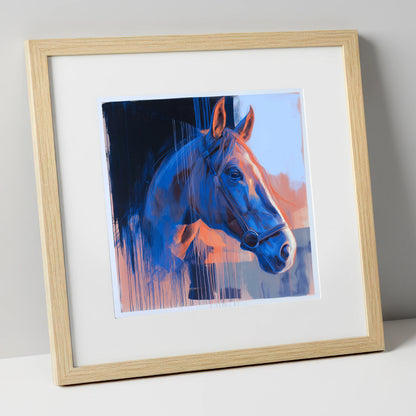 Cobalt and Apricot Light horse portrait art print in natural frame