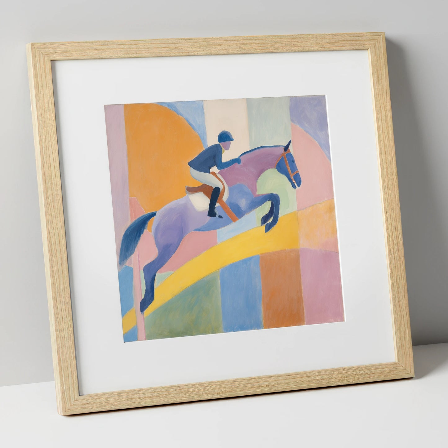 Harmony in Flight show jumping horse art print in natural frame