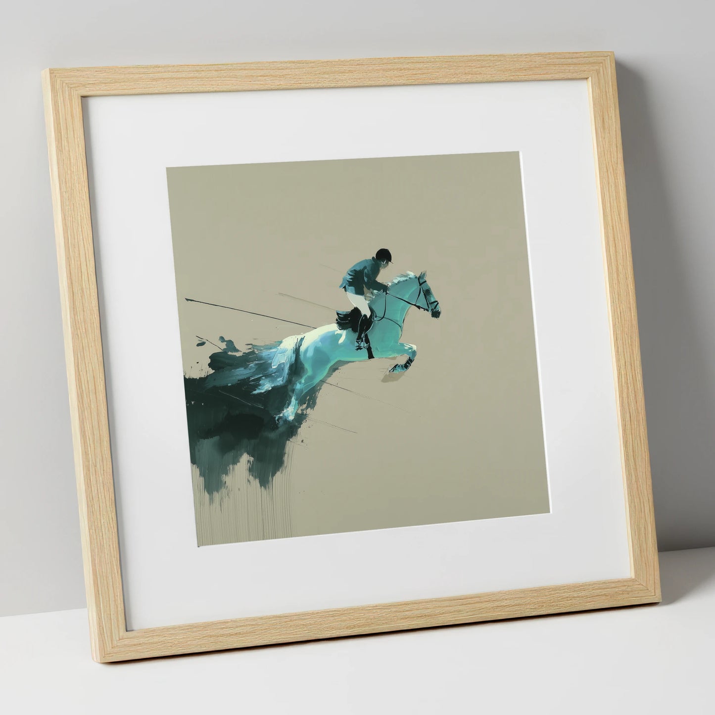 Momentum in Teal show jumping horse art print in natural frame