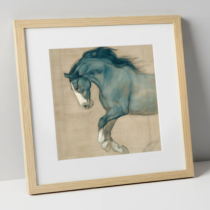 Study in Teal horse portrait art print in natural frame