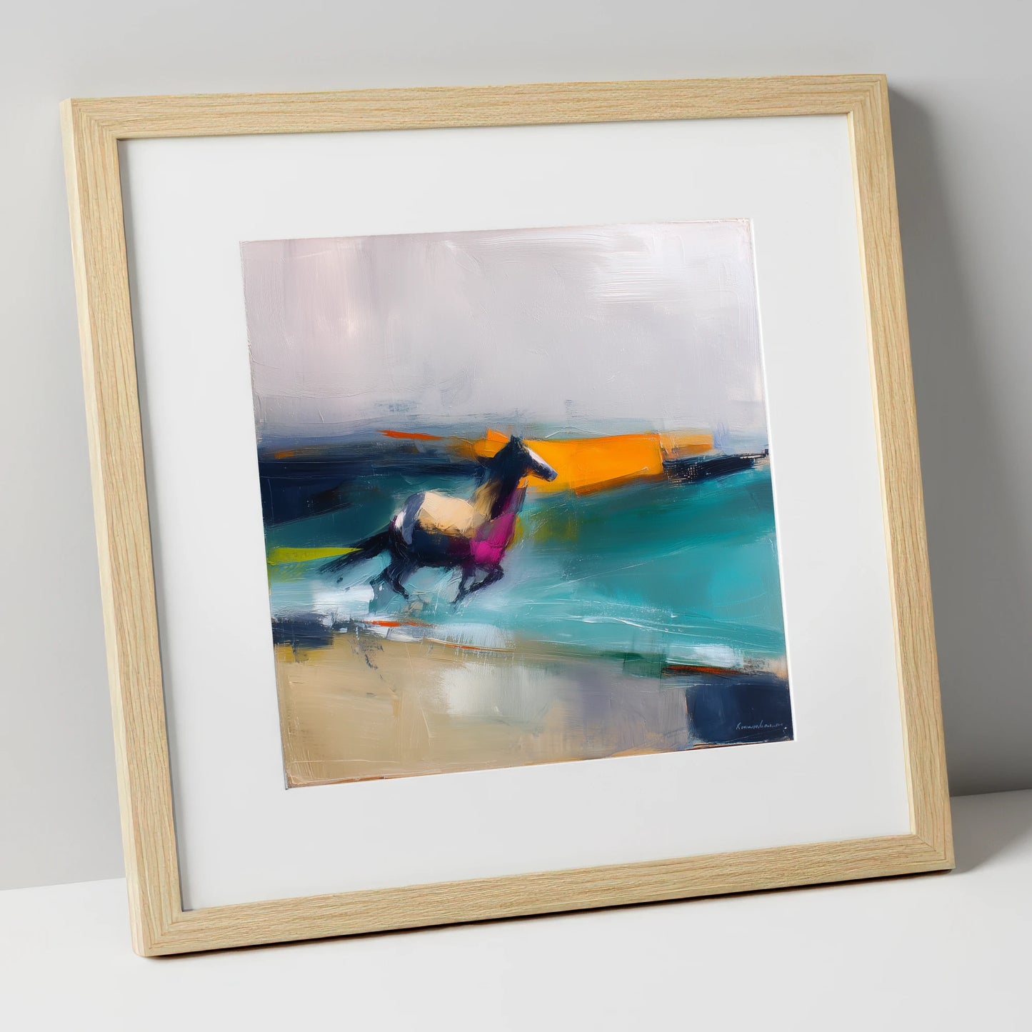 Vivid Coastal Gallop beach horse art print in natural frame