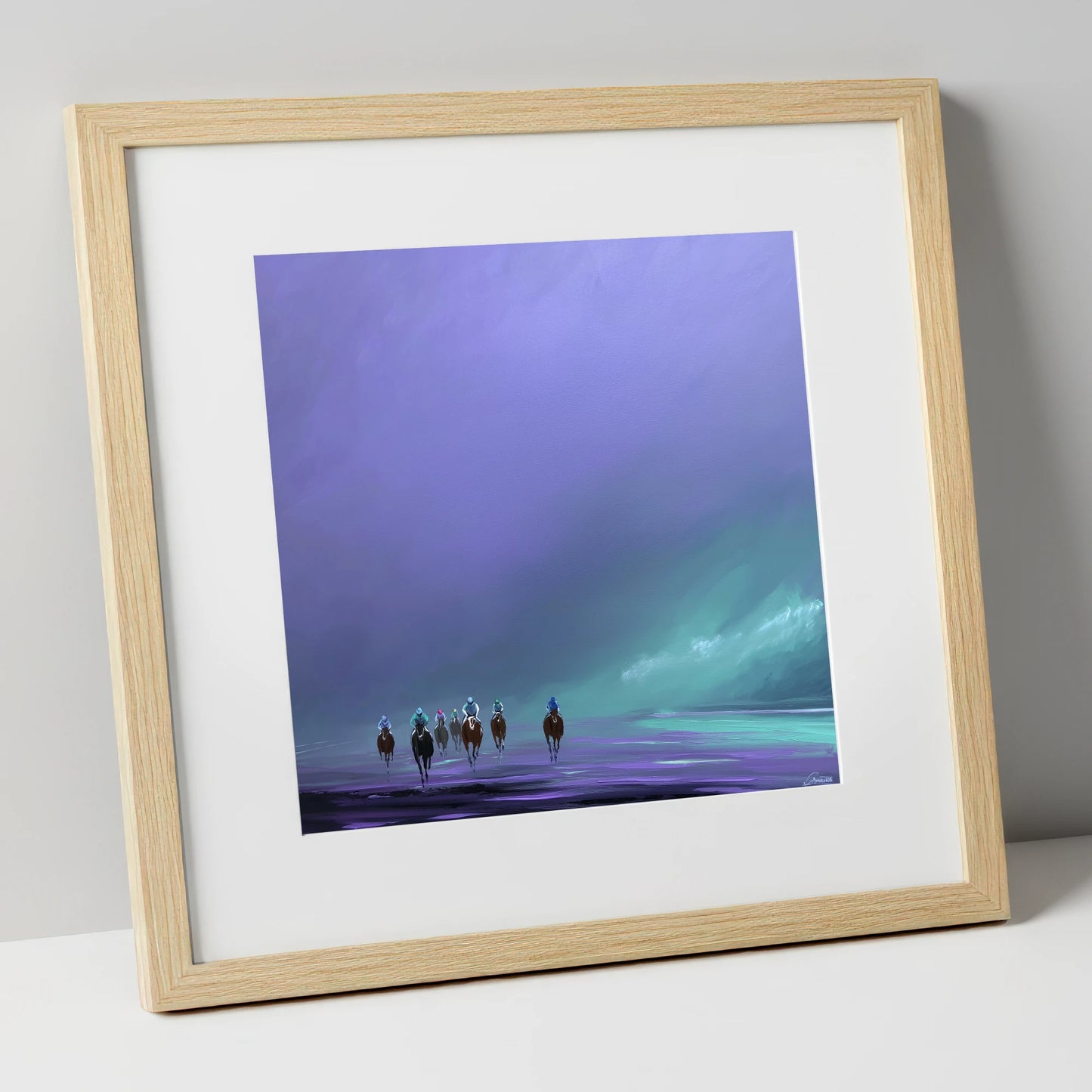 Violet Dawn Gallops racing horse art print in natural frame