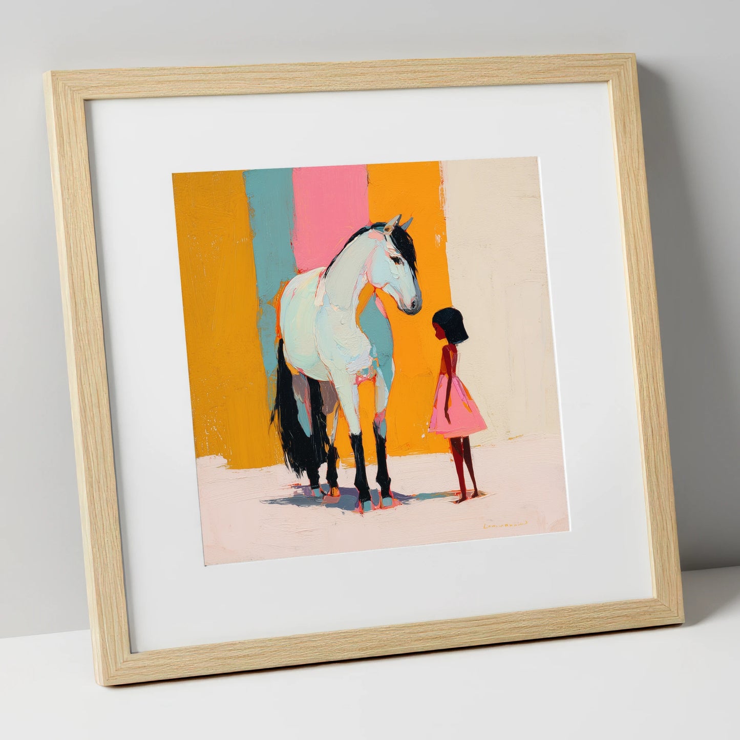 A Colourful Bond horse & rider art print in natural frame