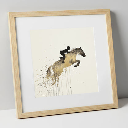 Airborne Gold show jumping horse art print in natural frame