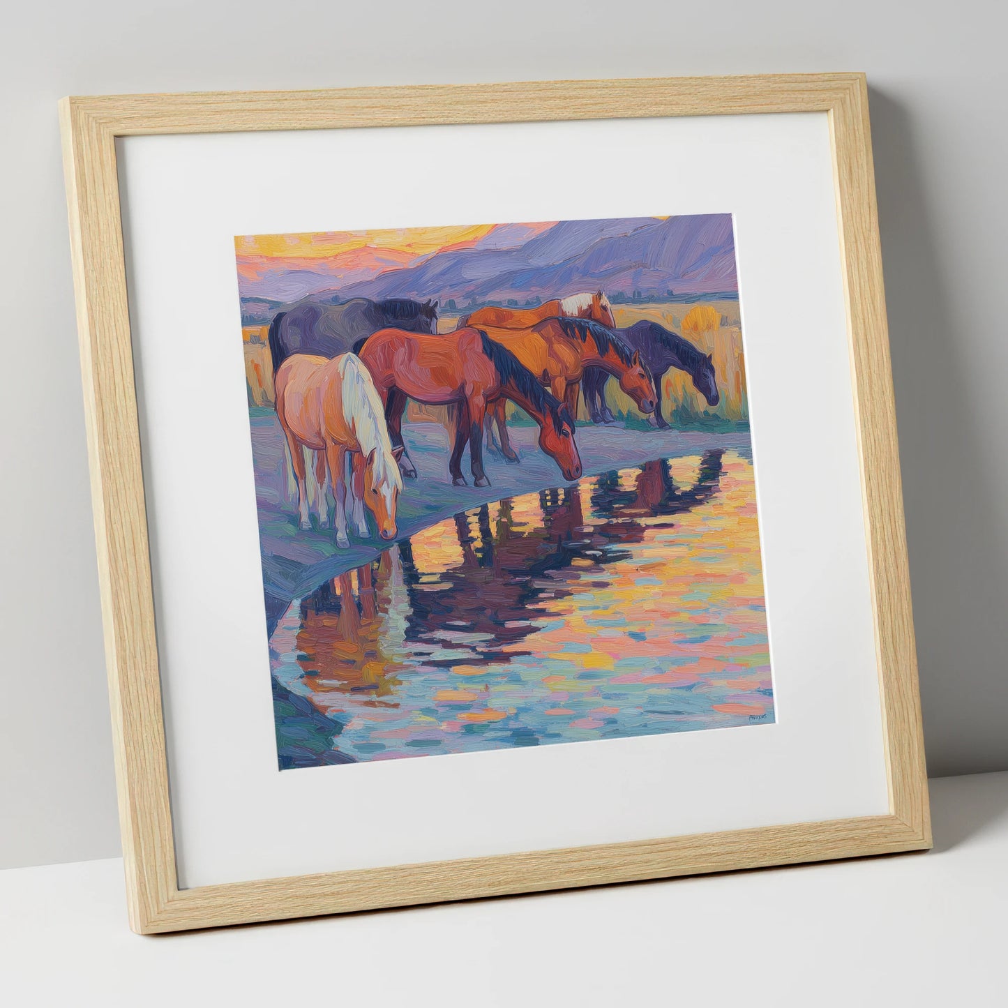 Reflections at Dusk wild horses art print in natural frame